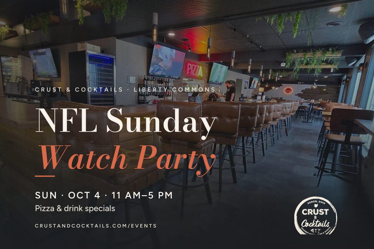 NFL Sunday Watch Party graphic for Sunday, October 4, 11 AM to 5 PM, over a photo of the bar at Crust & Cocktails with screens above it