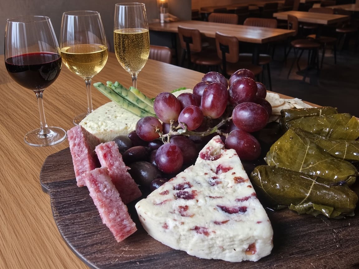 Glasses of red wine, white wine and prosecco beside a charcuterie board in the Crust & Cocktails dining room (image edited with AI from a photo of the restaurant)